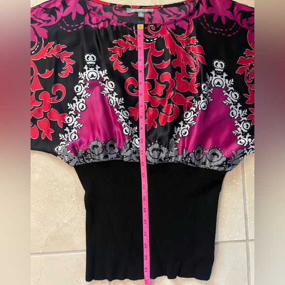 NY Collection Pink and Black Floral Blouse with Fitted Waist - Picture 9 of 9